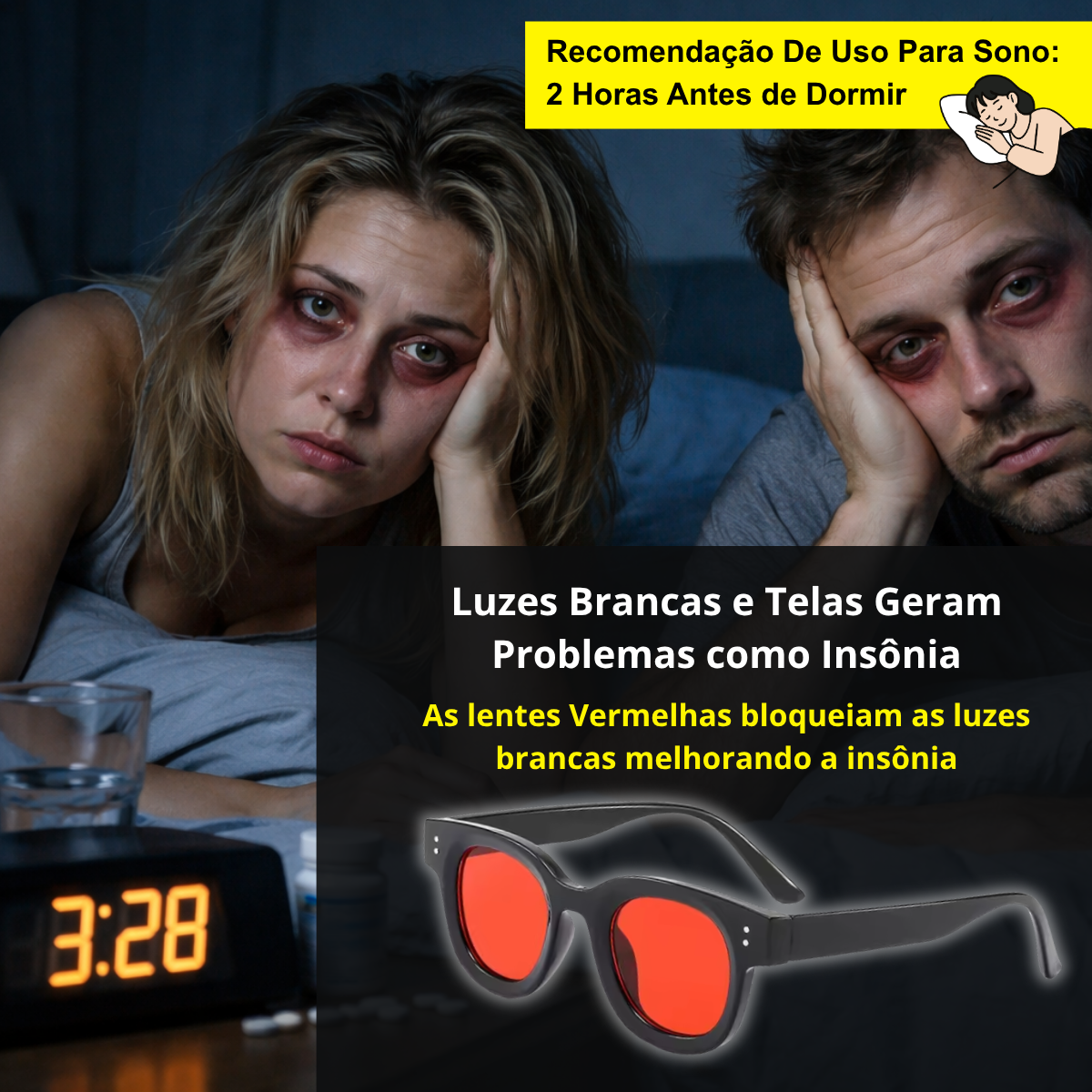 Casal com insônia — lentes vermelhas ajudam a melhorar o sono